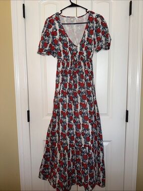 J. Crew Red Floral V-Neck Maxi Beach Dress with Blue Leaves